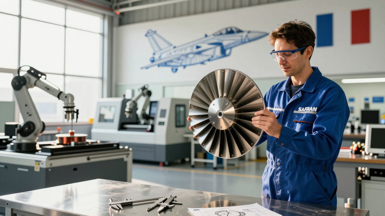 Engenheiro em oficina industrial a inspecionar componente metálico de turbina com equipamento tecnológico.