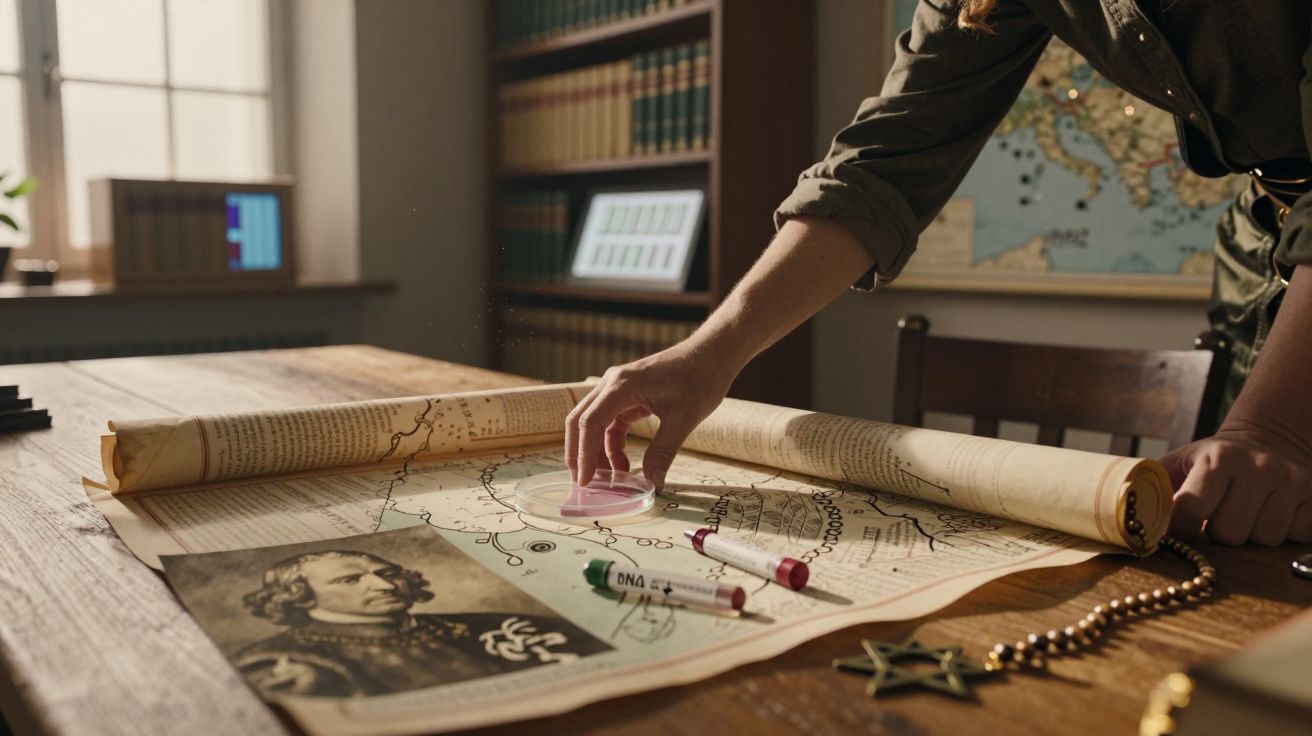 Pessoa manipulando objectos científicos sobre mapa antigo numa mesa de madeira.