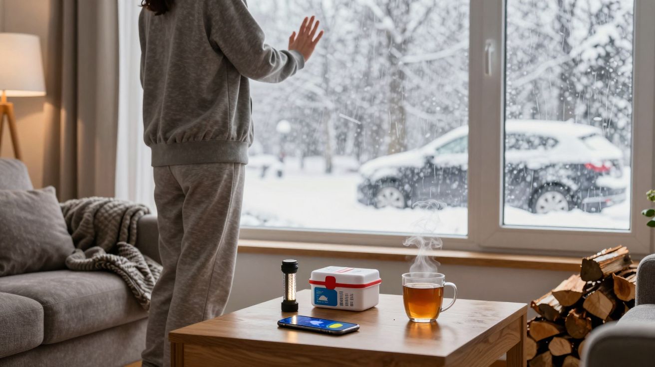 Pessoa de pijama cinzento observa a neve pela janela, com chá quente e smartphone numa mesa de madeira.