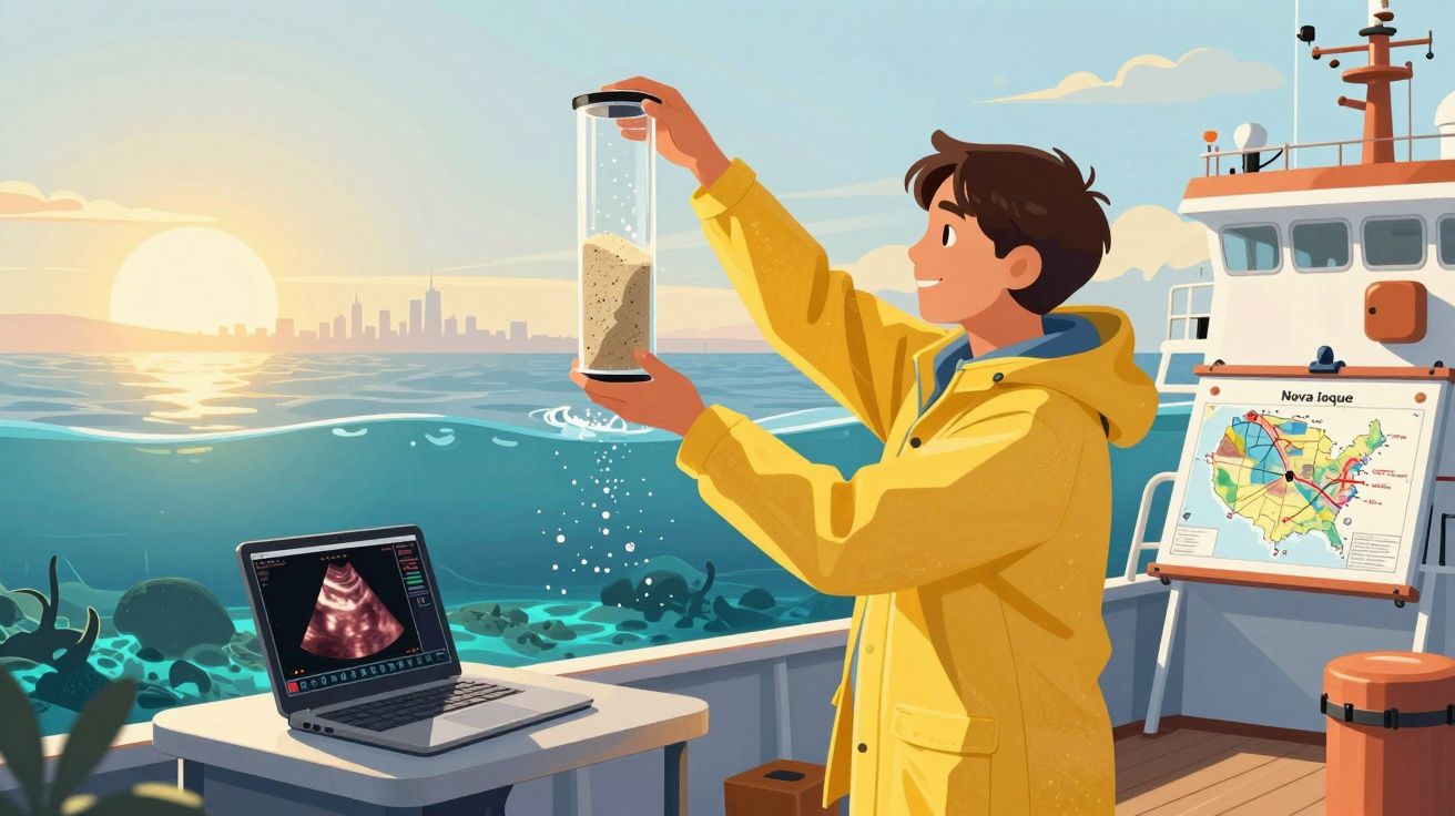 Pessoa com impermeável amarelo num barco a segurar um frasco com areia, com laptop aberto e mapa ao fundo.