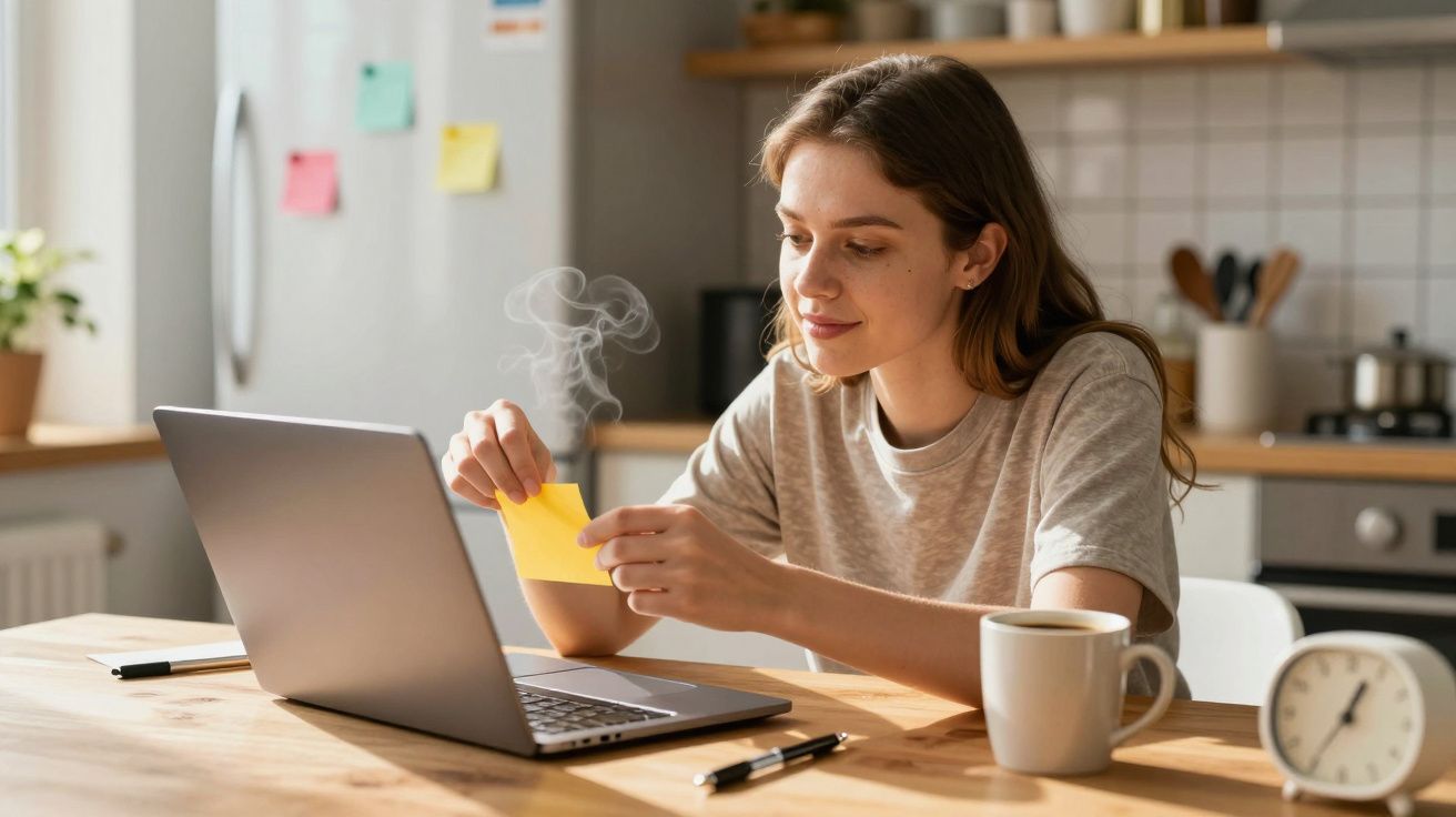 Mulher a queimar um papel, sentada à mesa com portátil, caneta, caneca e relógio na cozinha.
