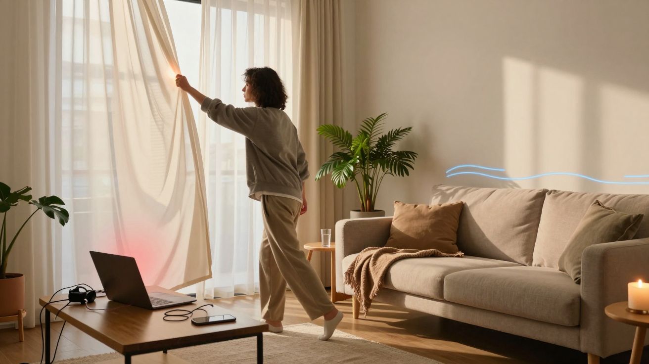 Mulher com roupa confortável abre cortina numa sala acolhedora com sofá, plantas e luz natural.
