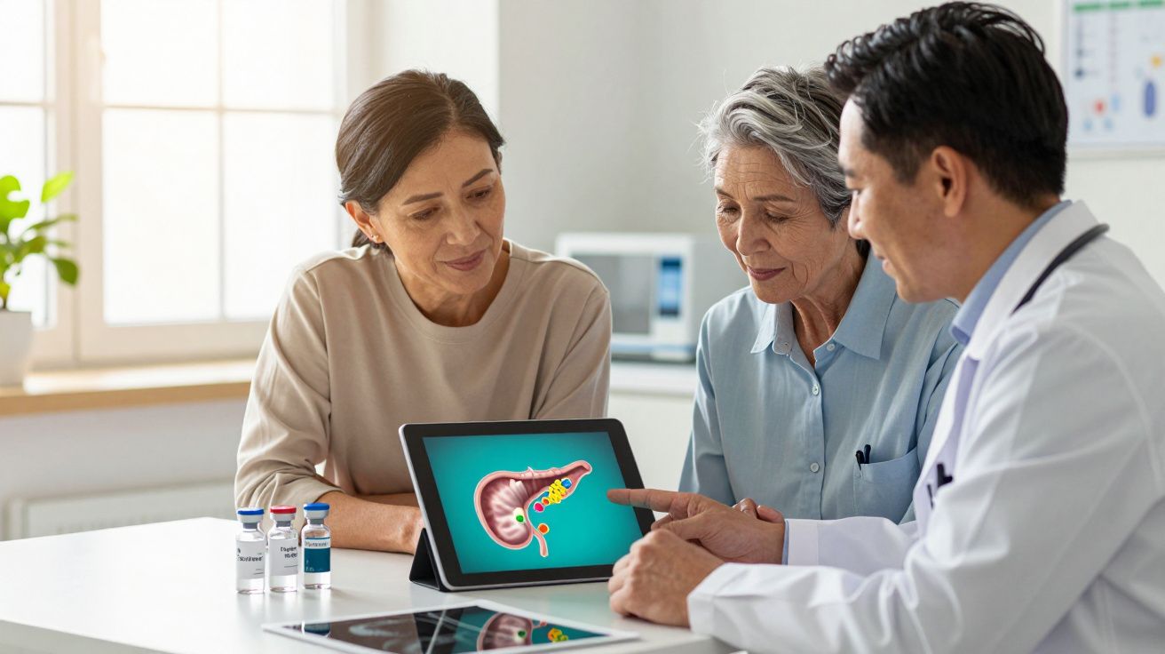 Médico explica exame de pâncreas em tablet para paciente idosa e acompanhante numa consulta médica.