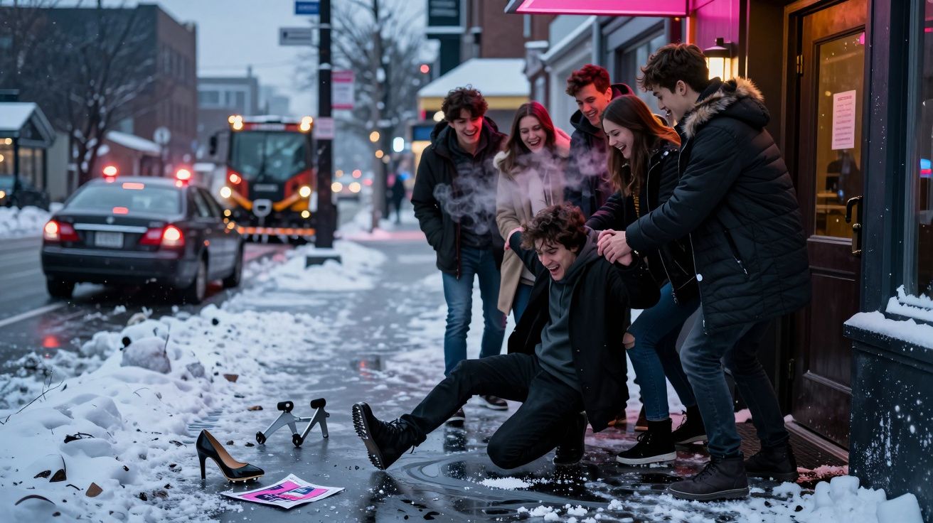 Grupo de jovens a ajudar amigo que escorregou numa rua com neve em ambiente urbano ao entardecer.