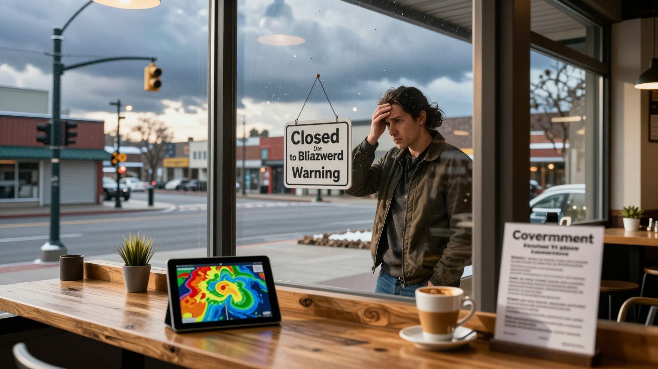Homem preocupado olha para aviso de encerramento por alerta de tempestade na montra de uma café.