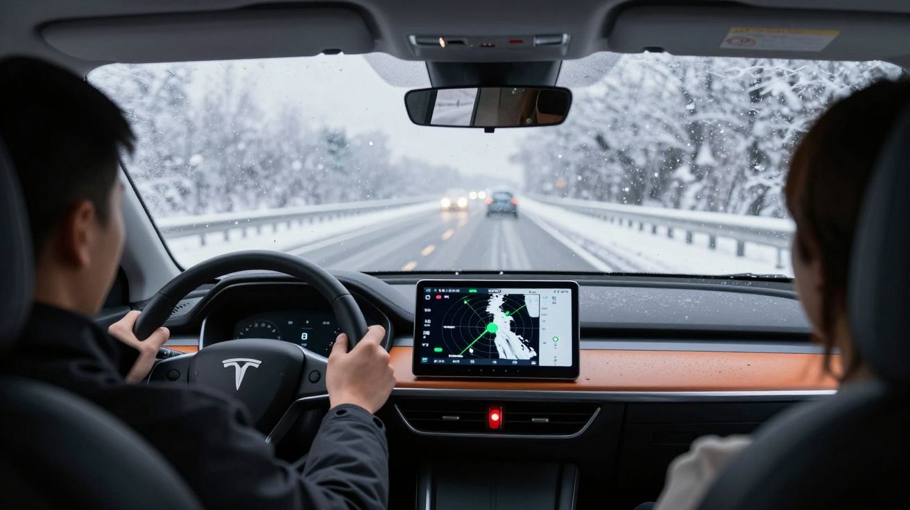 Interior de um Tesla com duas pessoas, a conduzir numa estrada coberta de neve e monitorização no ecrã central.