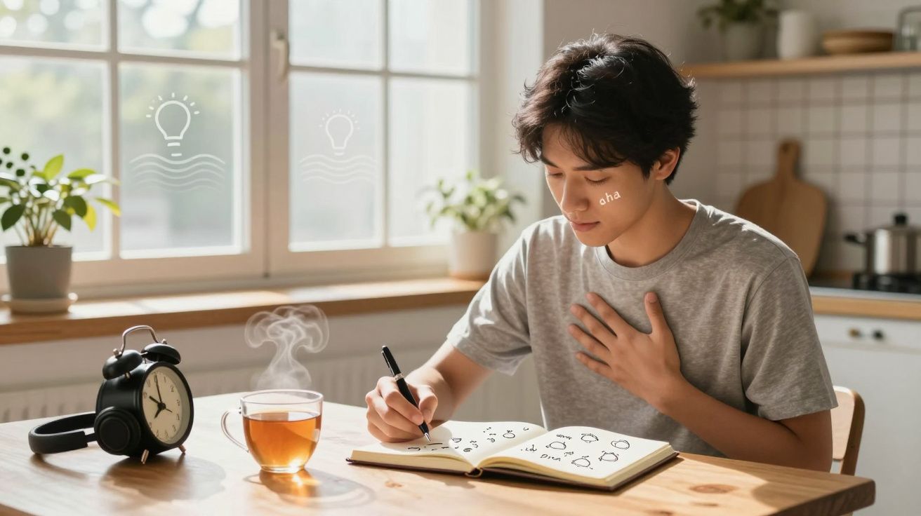 Jovem a escrever num caderno numa cozinha luminosa, com chá quente e despertador na mesa.