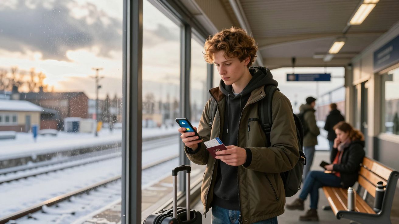Jovem na estação de comboios com mala, a consultar bilhete e telemóvel num dia frio de inverno.