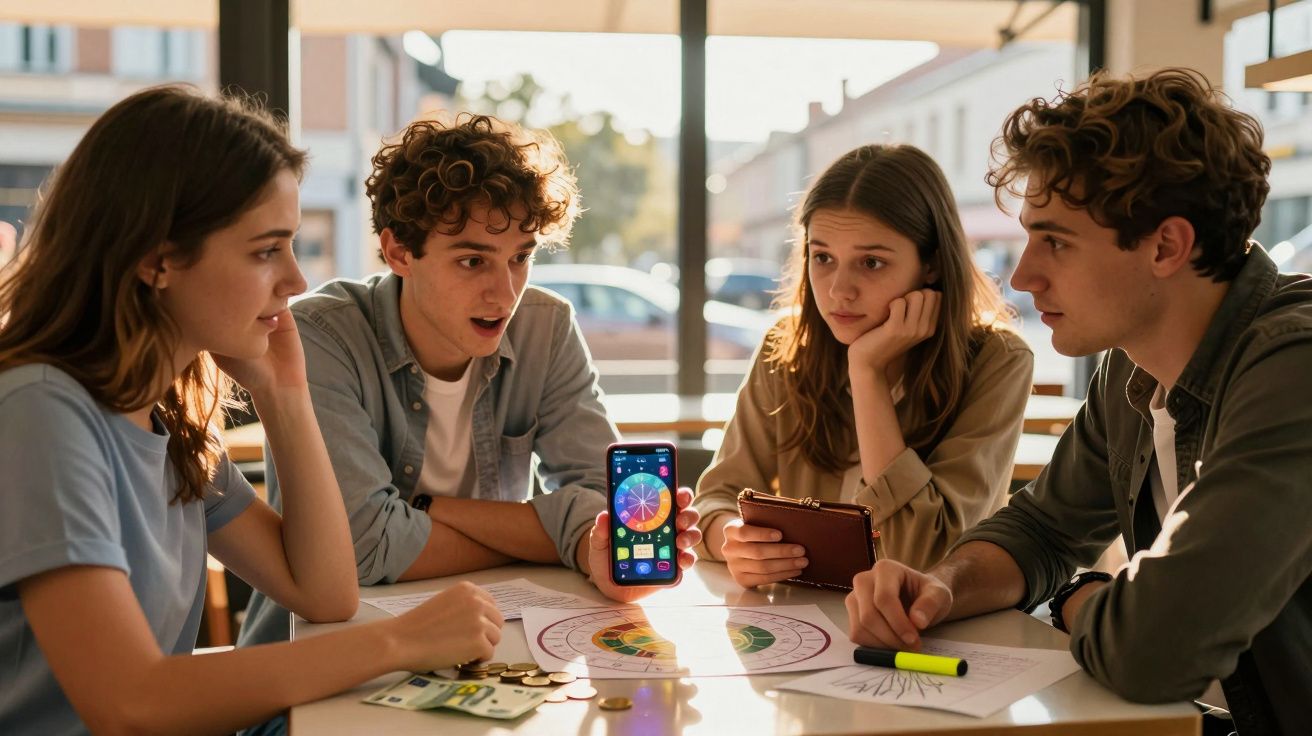 Grupo de jovens sentado à mesa a jogar e ver um jogo de roda da fortuna num telemóvel.