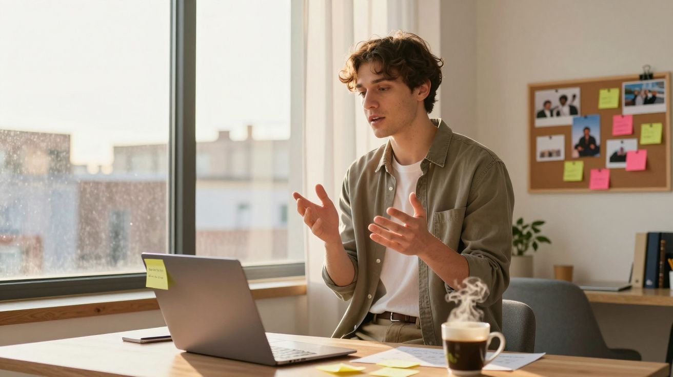 Jovem sentado numa mesa a falar durante uma videochamada num ambiente de trabalho luminoso e organizado.