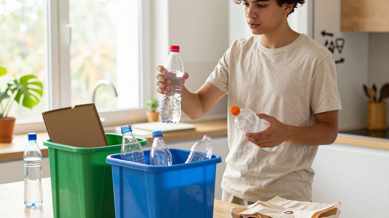 Jovem a separar garrafas de plástico para reciclagem em casa, com contentores azul e verde na cozinha.