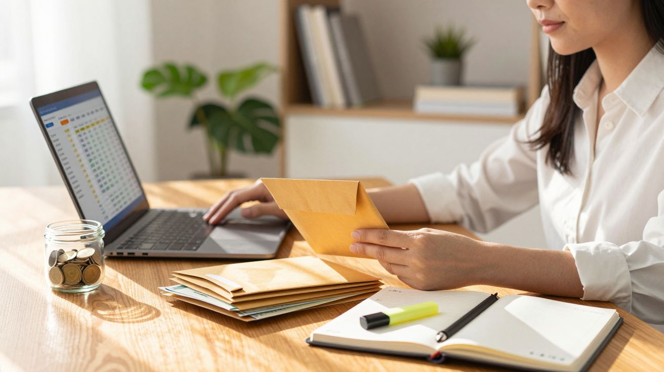 Pessoa a organizar envelopes com documentos enquanto consulta laptop com gráficos numa mesa de madeira.