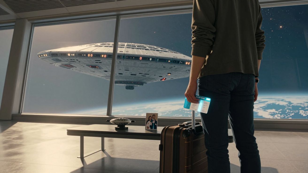 Pessoa com mala observa nave espacial gigante do lado de fora de uma janela num ambiente futurista.