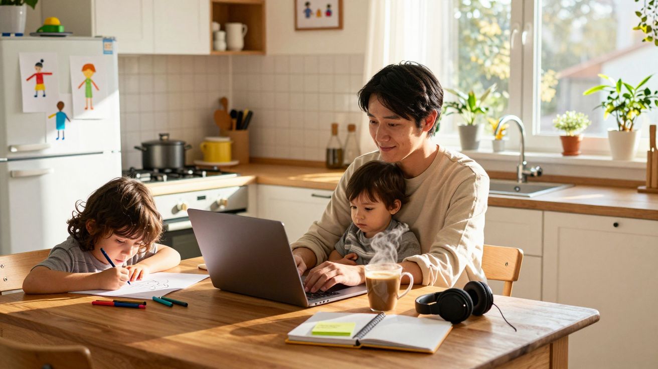 Pai trabalhador usa portátil enquanto filho pequeno está no colo e criança desenha na mesa da cozinha iluminada.
