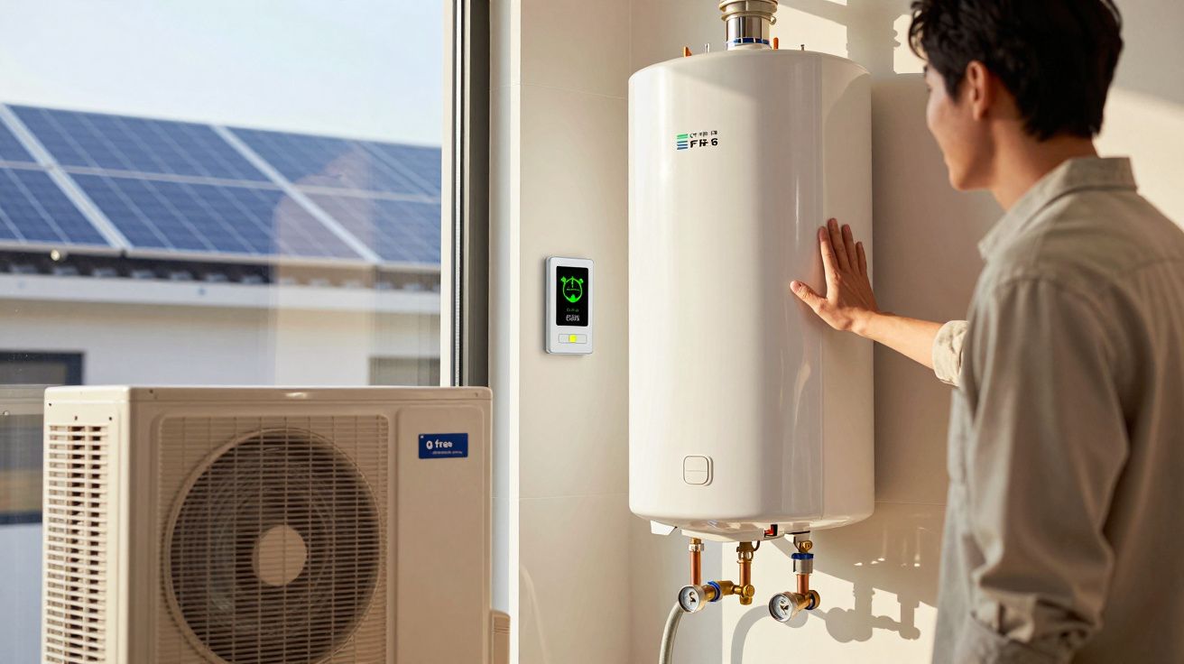 Pessoa a verificar um aquecedor de água branco com painel digital numa divisória com janela e painel solar exterior.
