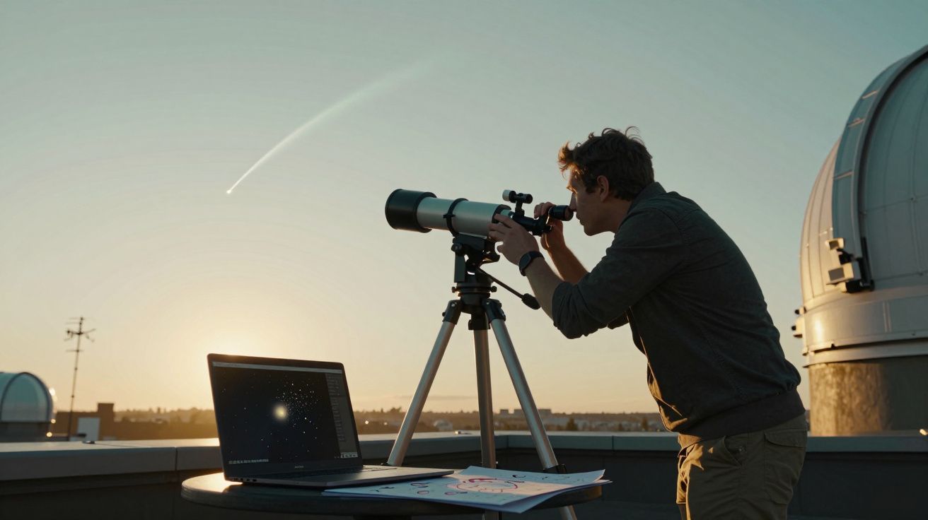 Homem observa o céu ao pôr do sol através de um telescópio num terraço com laptop e mapas astronómicos.
