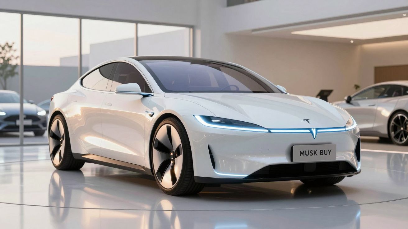 Carro elétrico Tesla branco moderno em exposição numa sala com chão refletor e luz natural.