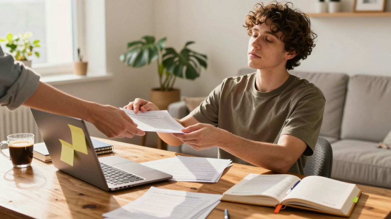 Jovem sentado numa mesa a receber documentos, rodeado de laptop, cadernos e uma chávena de café.