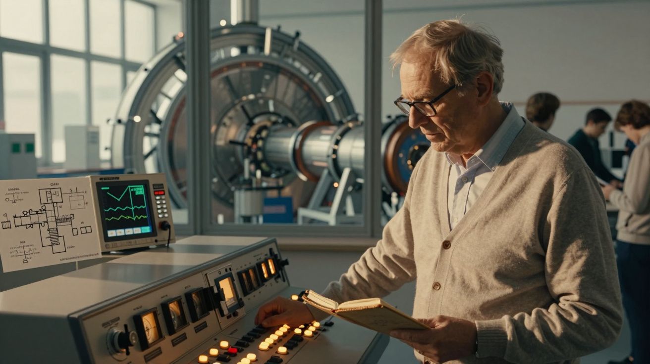 Homem idoso com óculos a operar painel de controlo numa sala com equipamento científico avançado.