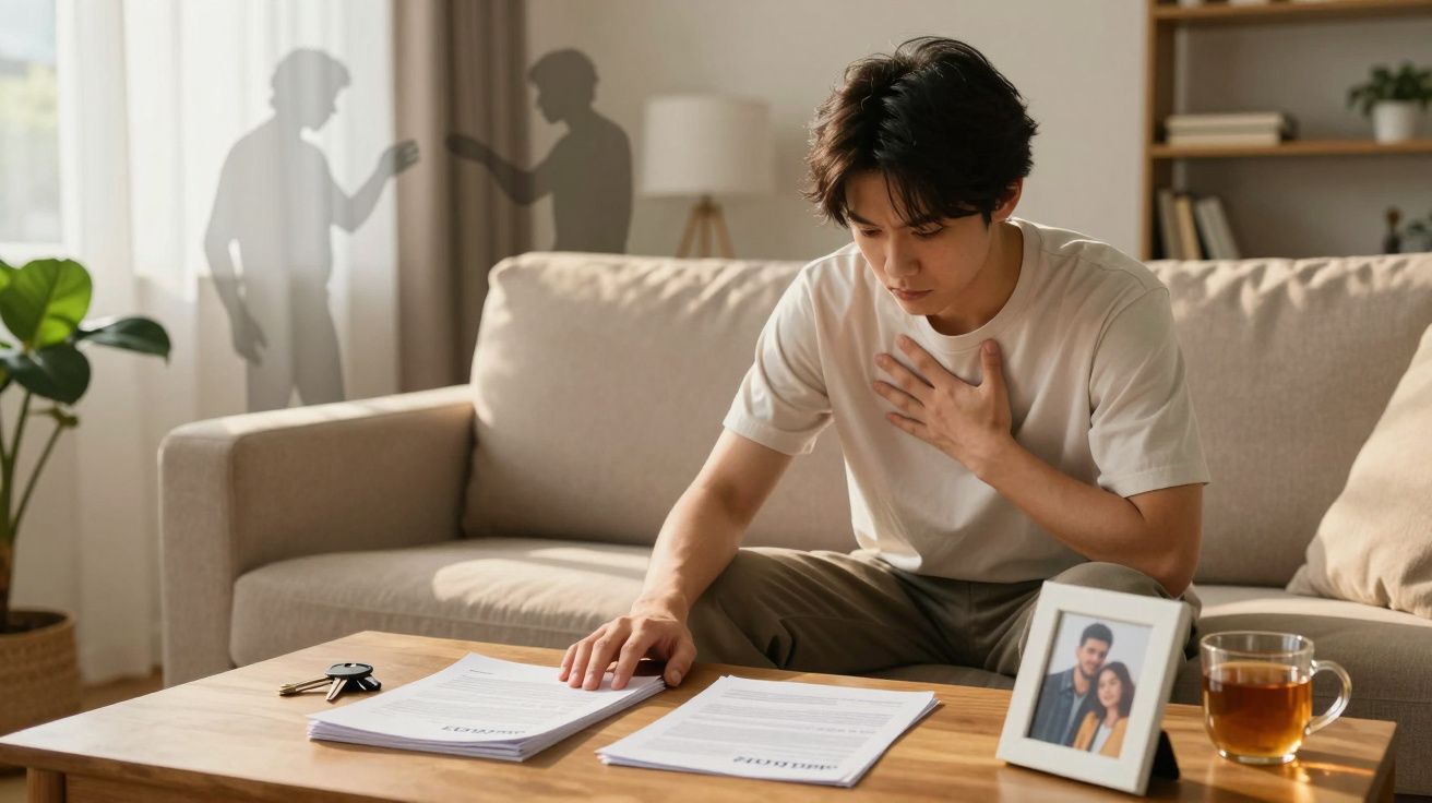 Homem sentado no sofá preocupado com documentos na mesa e silhuetas de discussão ao fundo.