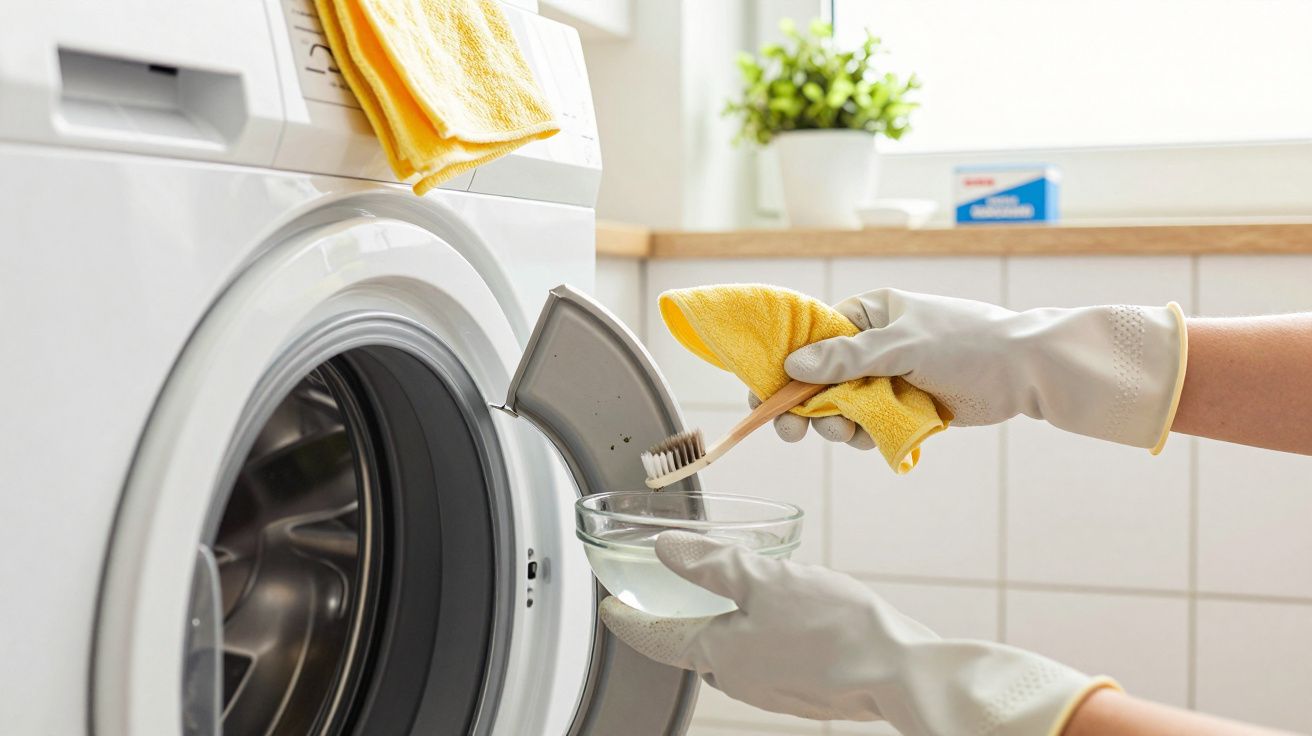 Mãos com luvas a limpar o filtro da máquina de lavar roupa com escova, pano e água num ambiente doméstico.