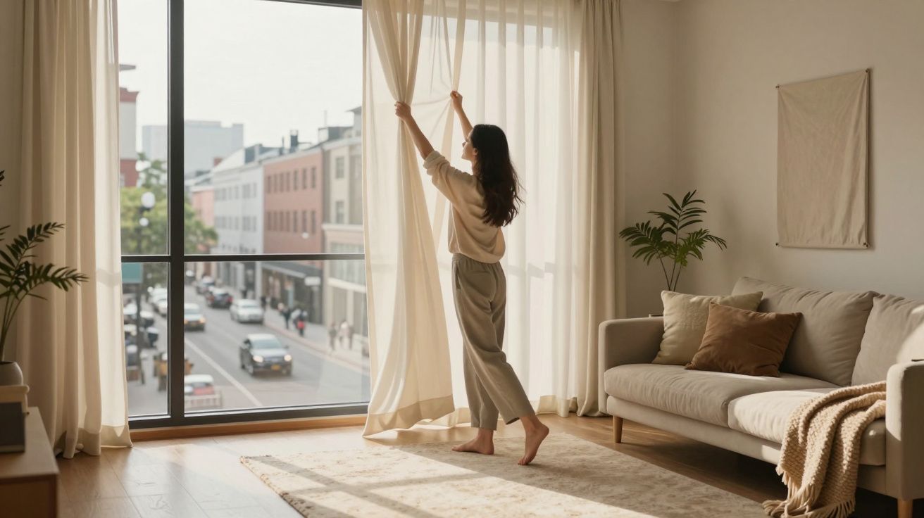 Mulher a abrir cortinas num salão com sofá claro e vista para rua urbana através de janela grande.