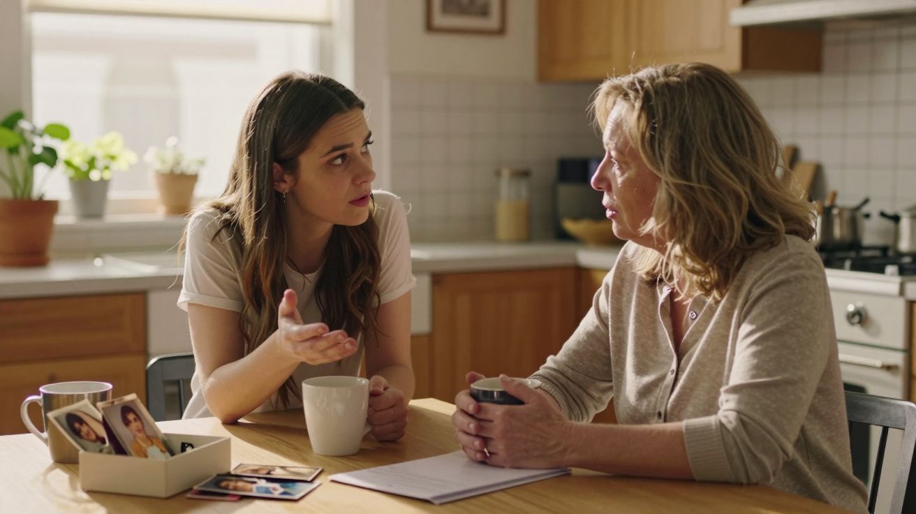 Duas mulheres sentadas à mesa da cozinha, conversando com canecas e fotografias à frente.