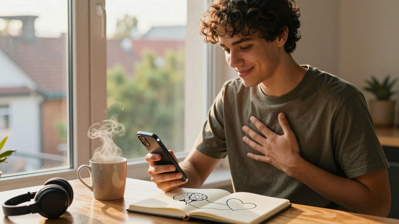 Jovem sorri ao olhar para o telemóvel sentado à mesa com caderno aberto, chá quente e auscultadores ao lado.