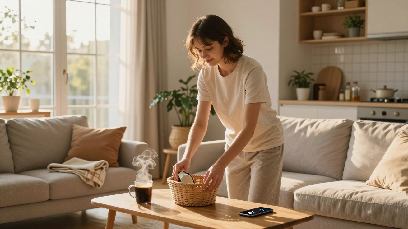 Mulher a arrumar um cesto sobre mesa de madeira numa sala com sofá claro e luz natural da janela.
