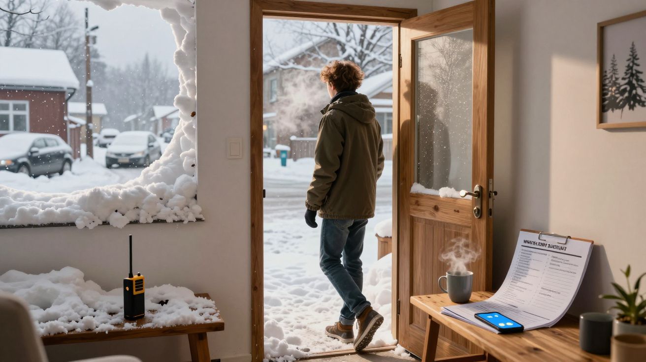 Homem de casaco abre porta para neve e observa paisagem gelada ao ar livre, com vapor saindo da boca.