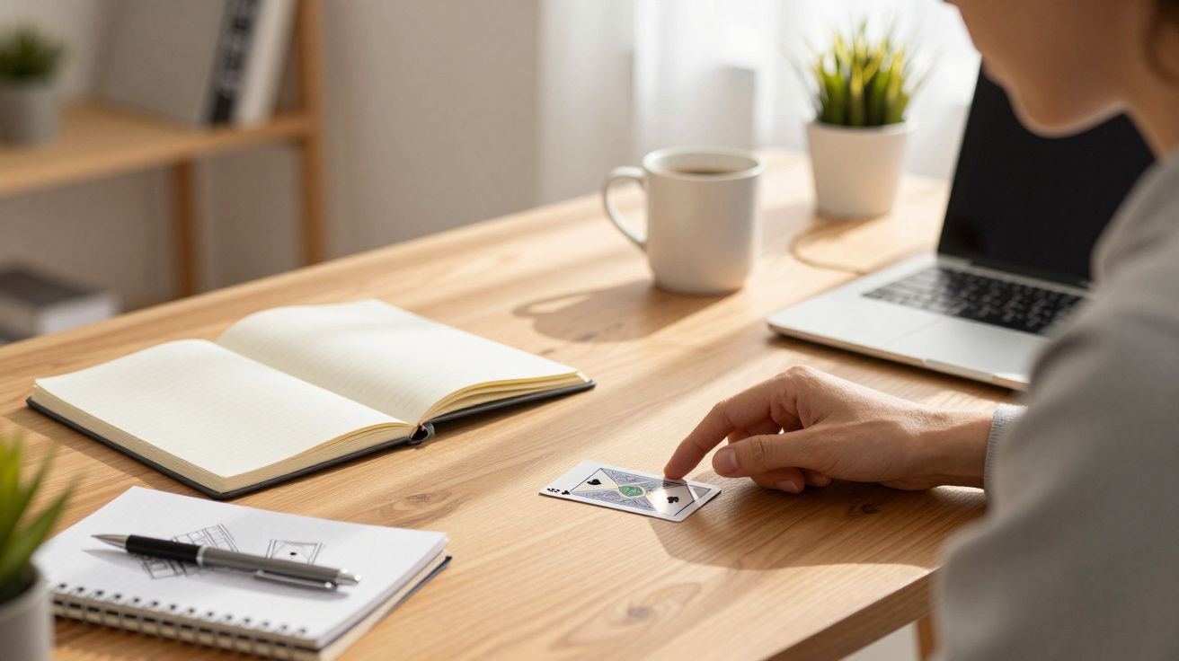 Pessoa a jogar carta de ás num ambiente de trabalho com laptop, caderno, caneta e planta na secretária.