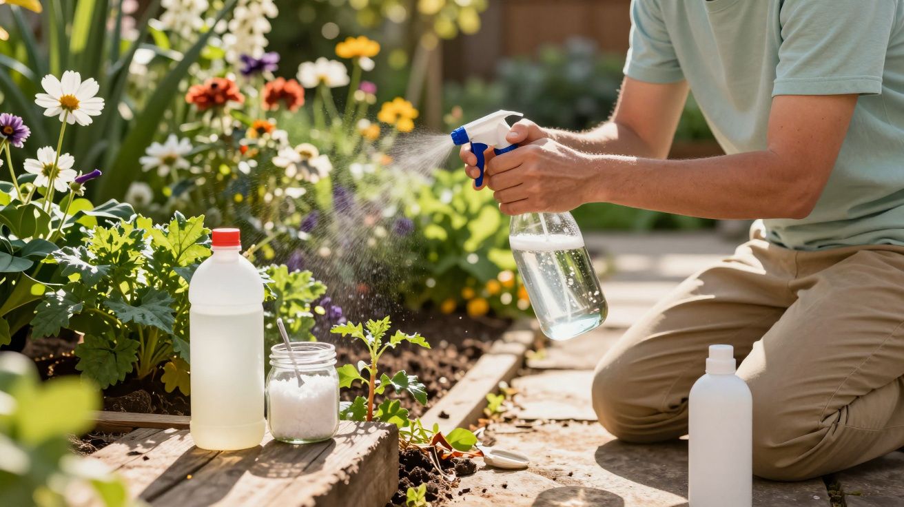 Pessoa a aplicar spray numa planta num jardim com flores coloridas ao redor.