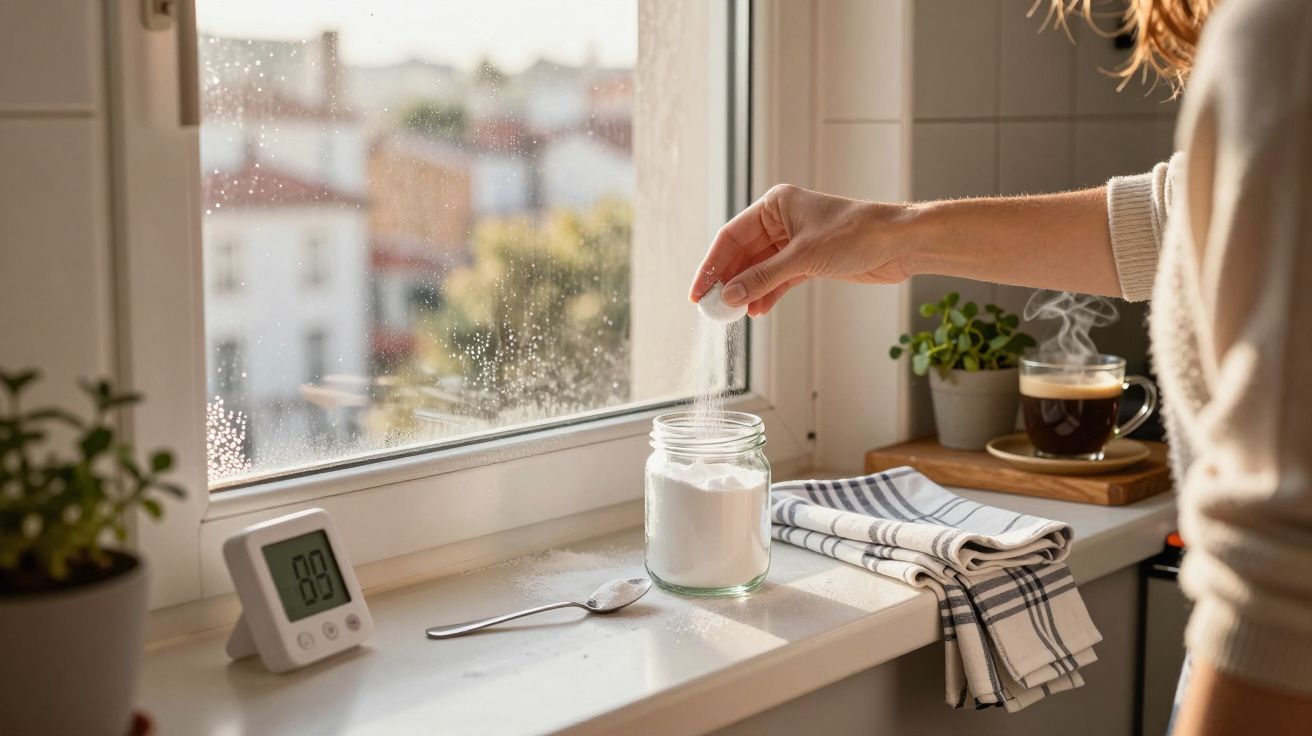 Pessoa a deitar açúcar num recipiente junto à janela com vista para edifícios, chávena de café e toalha na bancada.