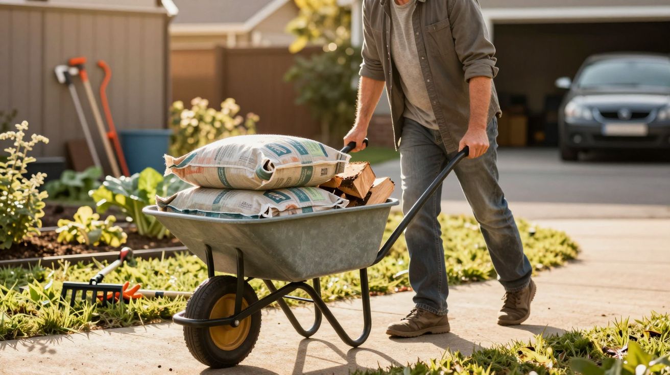 Pessoa empurra carrinho de mão com sacos de cimento e pedaços de madeira num jardim residencial.