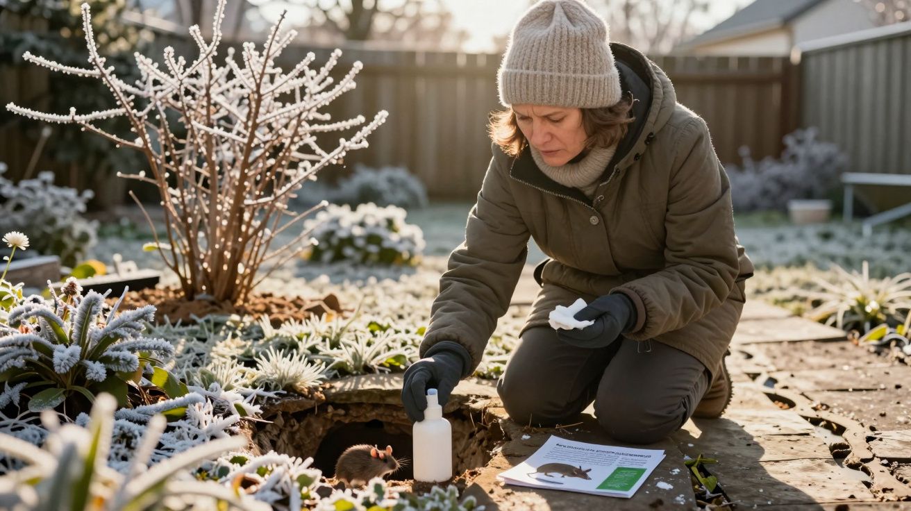 Mulher agachada num jardim coberto de geada, a alimentar e observar um rato junto à toca.