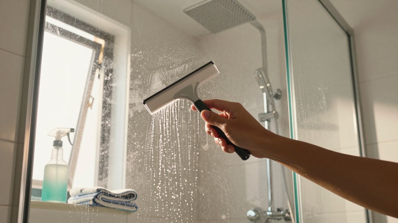 Pessoa a limpar porta de vidro de duche com um limpador de vidros preto e branco.