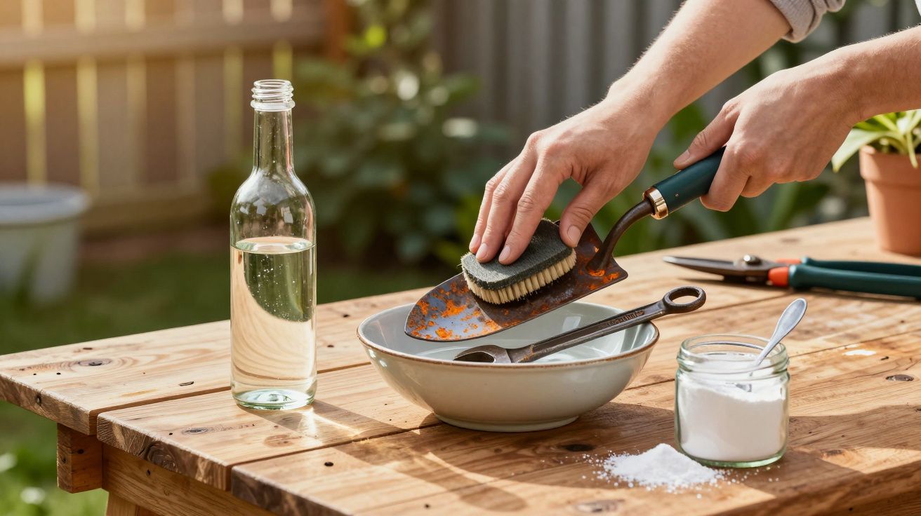 Pessoa a limpar uma pá de jardim com escova, com água, bicarbonato e utensílios num balcão de madeira.