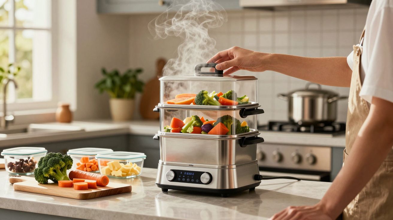 Pessoa a cozinhar legumes a vapor num fogão duplo num ambiente de cozinha moderna.