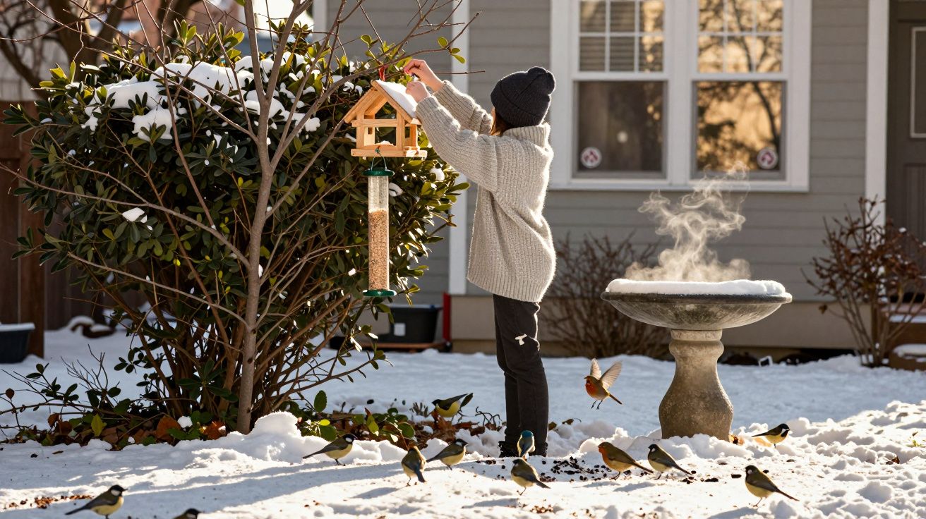 Criança de gorro e camisola a colocar comida num comedouro para pássaros num jardim com neve.