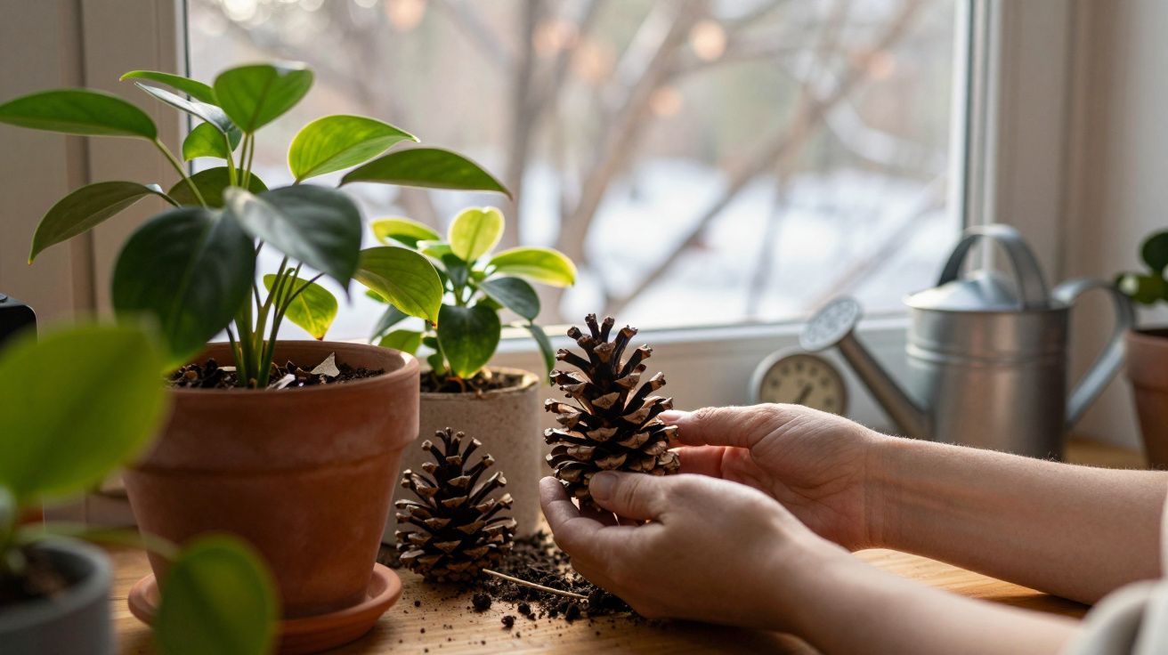 Mãos seguram pinha junto a vasos de plantas e regador numa janela com luz natural.