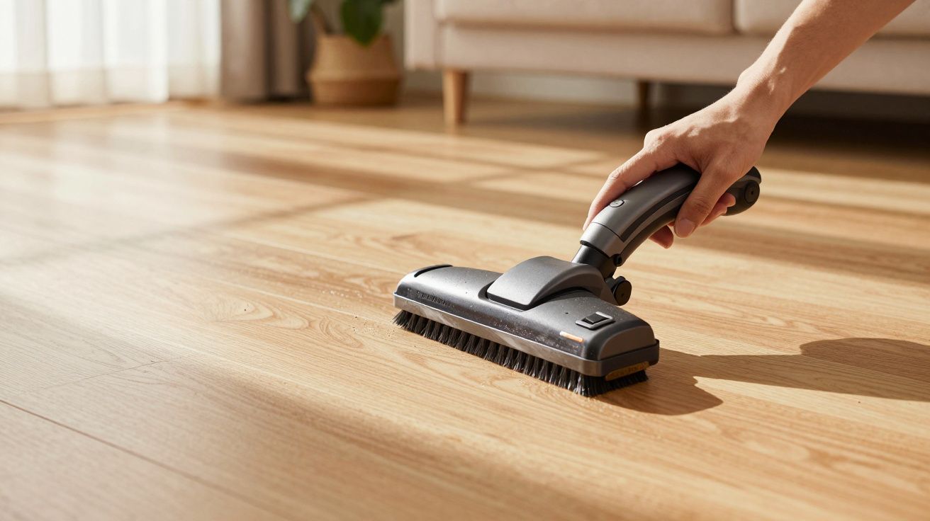 mão a segurar aspirador preto a limpar chão de madeira clara num ambiente luminoso interior