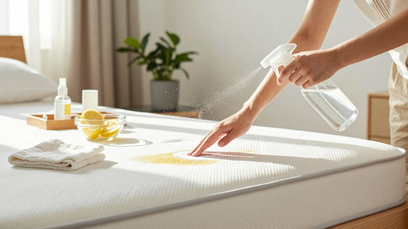 Pessoa a aplicar spray sobre mancha amarela num colchão branco numa divisão luminosa com plantas e toalha.