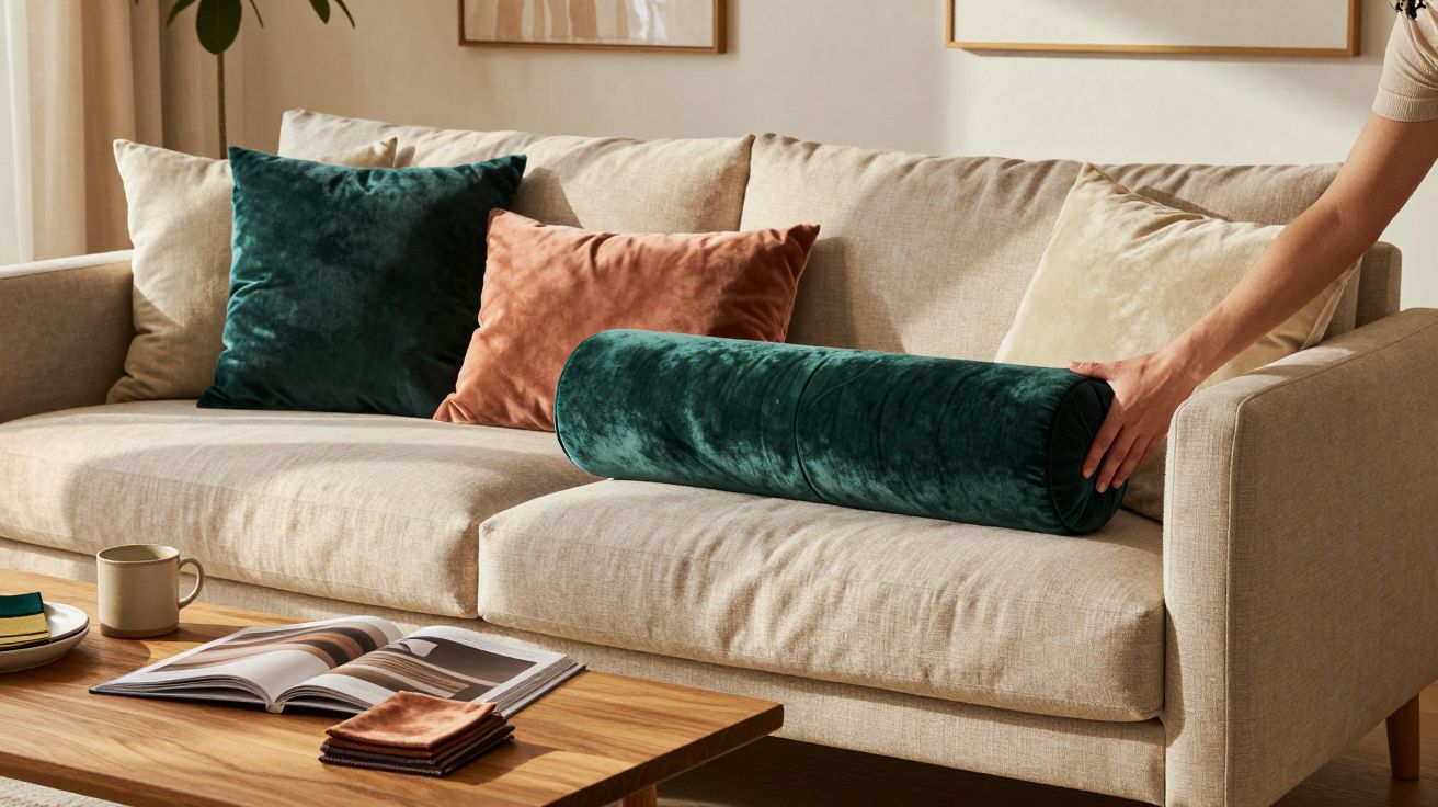 Sofá bege com almofadas coloridas e mesa de café em madeira com livro aberto num ambiente luminoso.