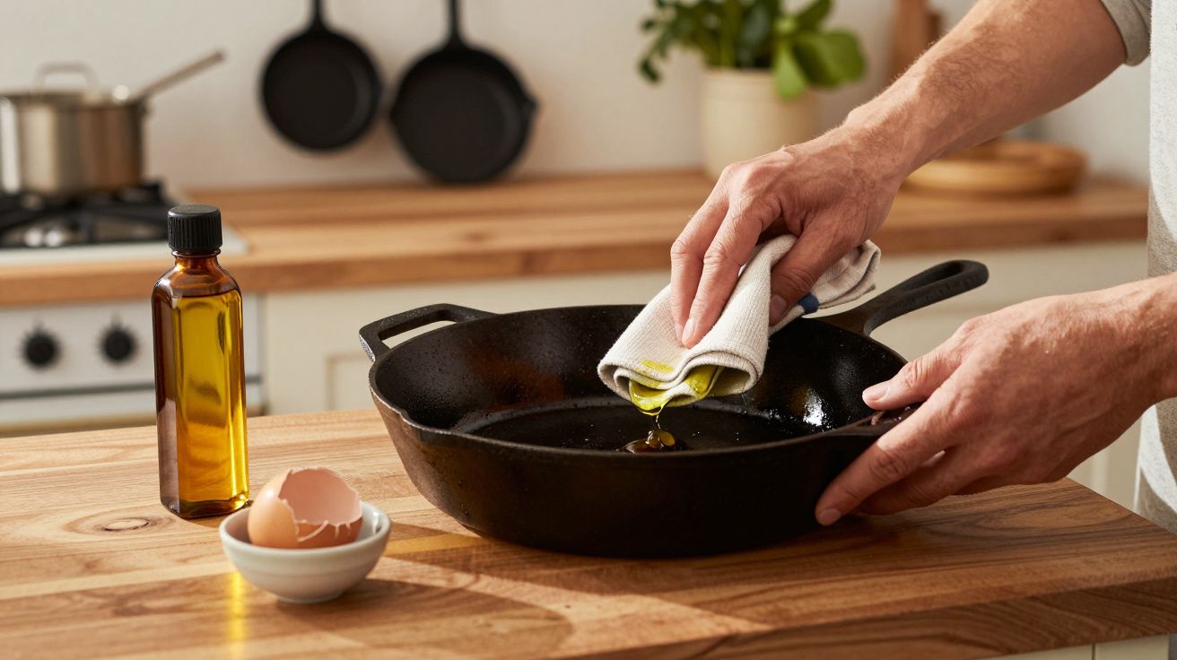 Pessoa a untar frigideira de ferro com azeite usando um pano numa cozinha moderna.