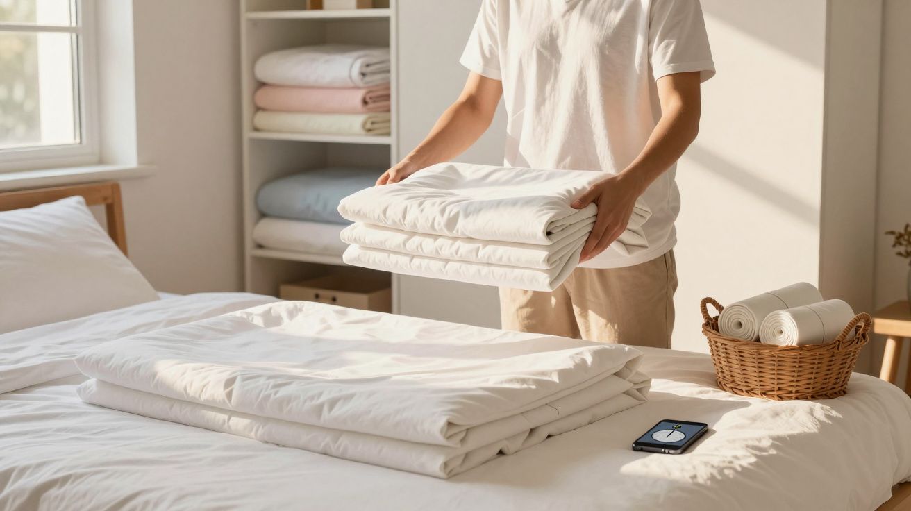 Pessoa a arrumar roupa de cama branca num quarto iluminado pelo sol com estante ao fundo e cesta de vime.