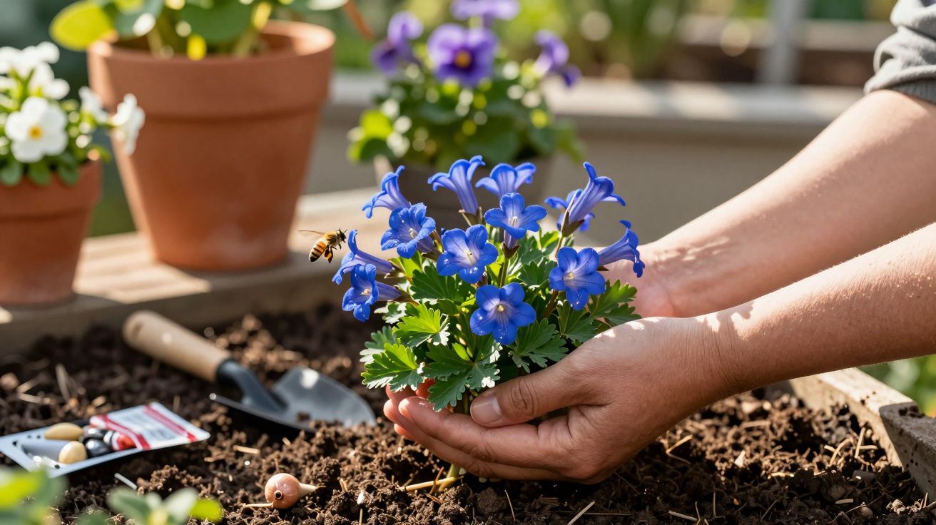 Mãos a plantar flor azul num canteiro, com abelha a aproximar-se e ferramentas de jardinagem ao lado.