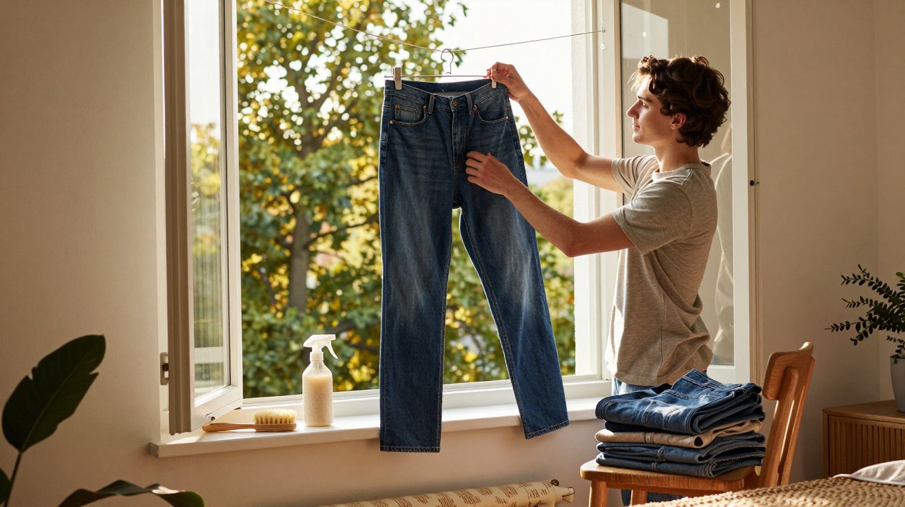 Jovem a pendurar jeans num estendal numa janela aberta, com mais roupa dobrada e produtos de limpeza no parapeito.