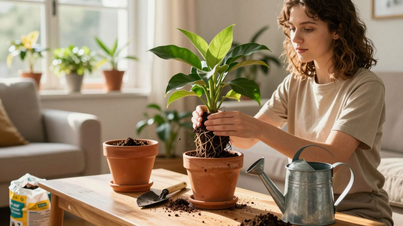 Mulher transplantando planta para vaso de barro dentro de casa numa mesa com terra e regador.