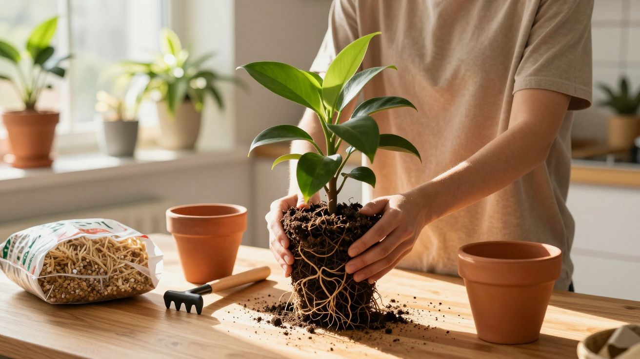 Pessoa a transplantar planta com terra para vaso de barro numa mesa de madeira numa cozinha iluminada.