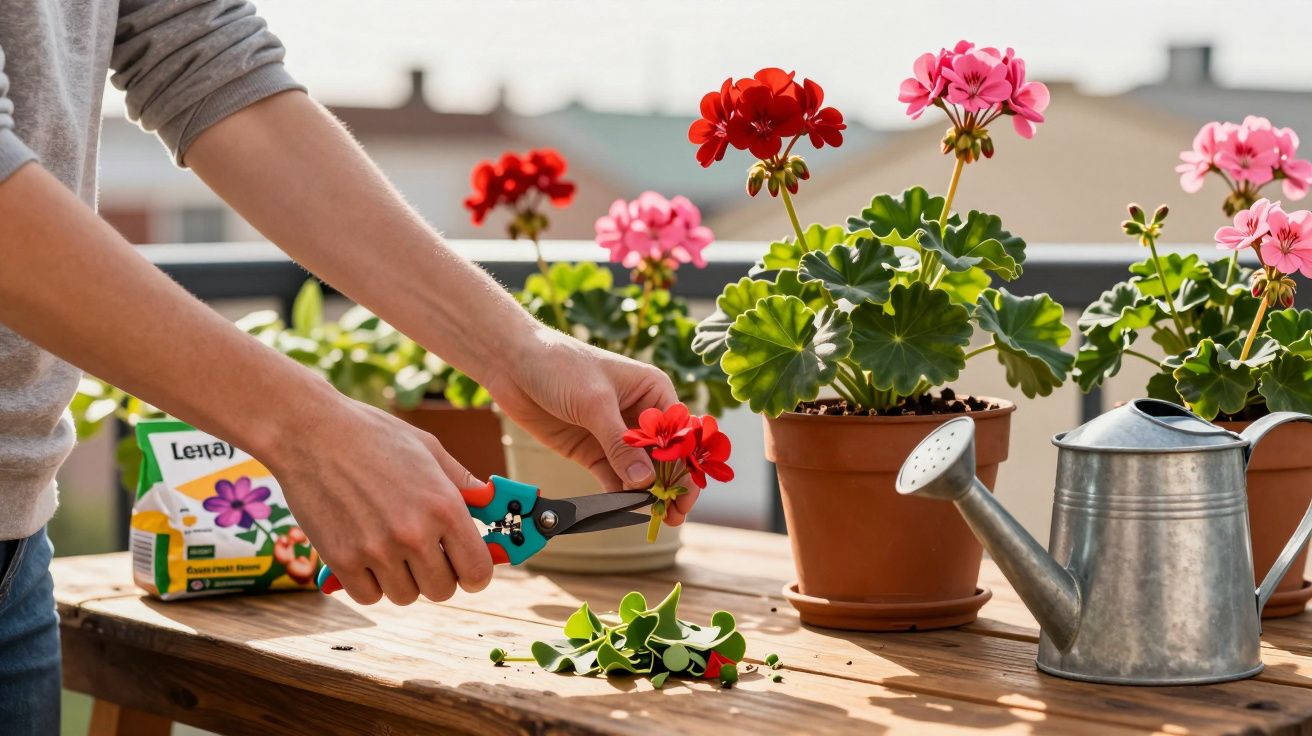 Mãos a podar flores vermelhas de plantas em vasos num terraço com regador metálico e sementes à vista.